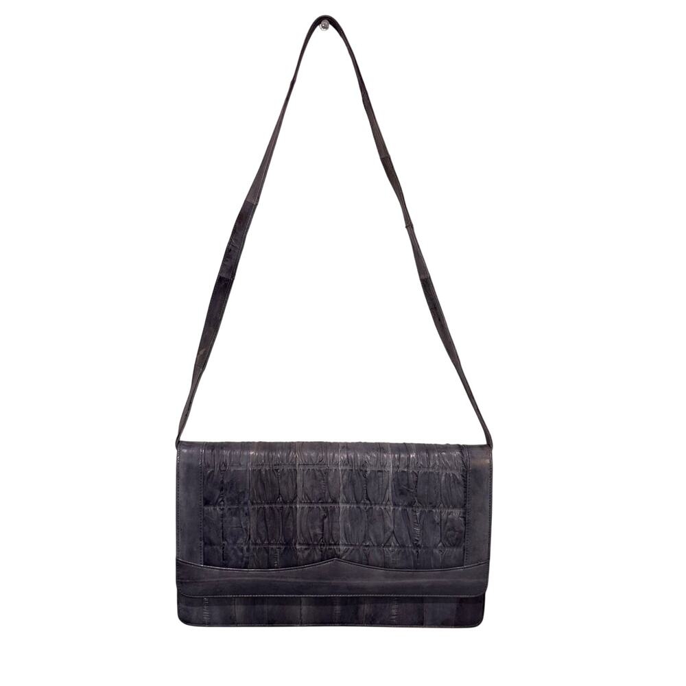 Vintage Genuine Eel Skin Ruched Envelope Clutch Handbag Gray Convertible Strap - Picture 6 of 10